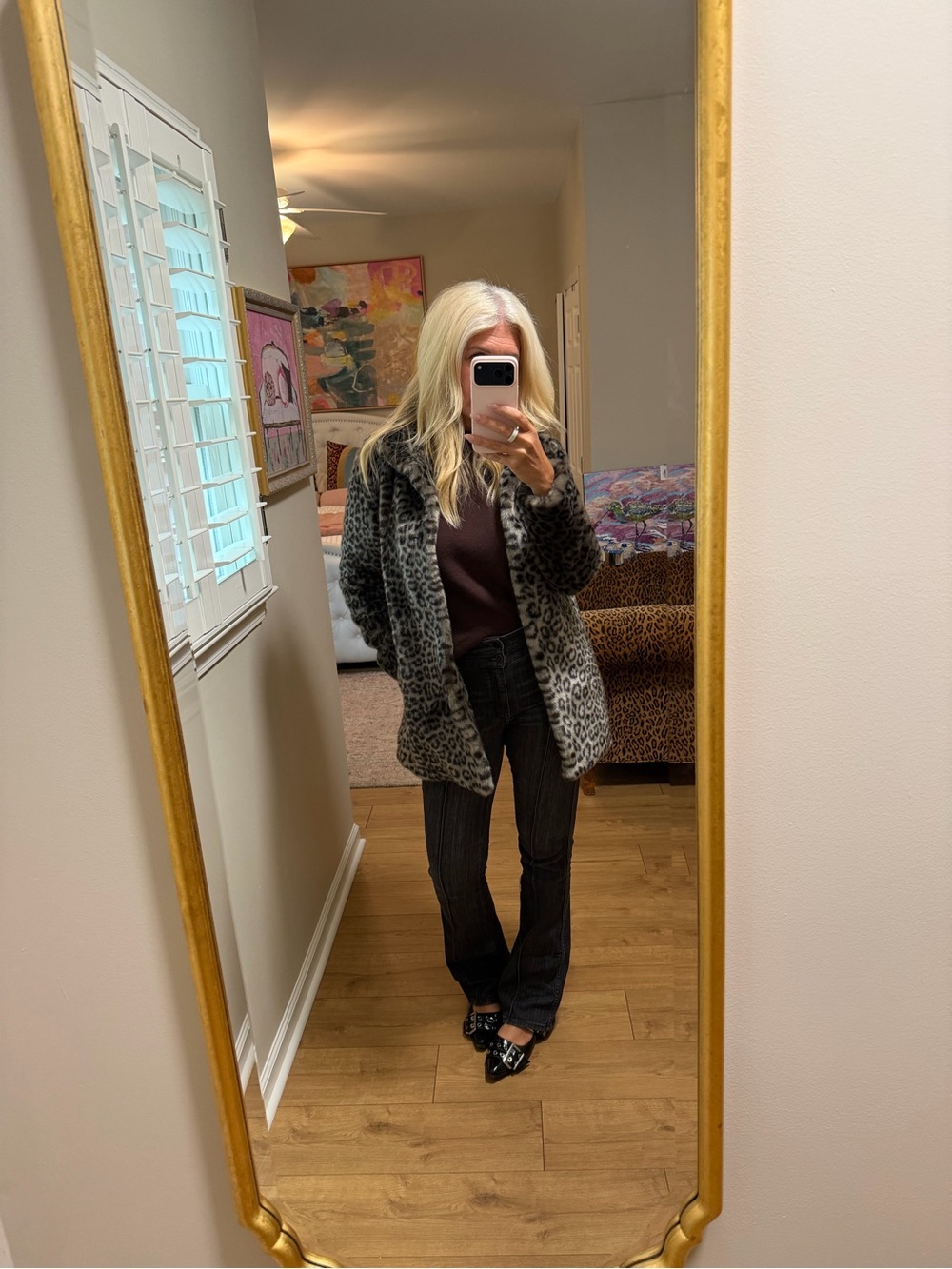 Calvin Klein Leopard Print Faux Fur Pea Coat - Gray